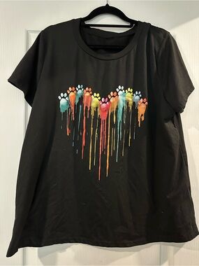Black T-Shirt with Rainbow Dripping Paw Heart